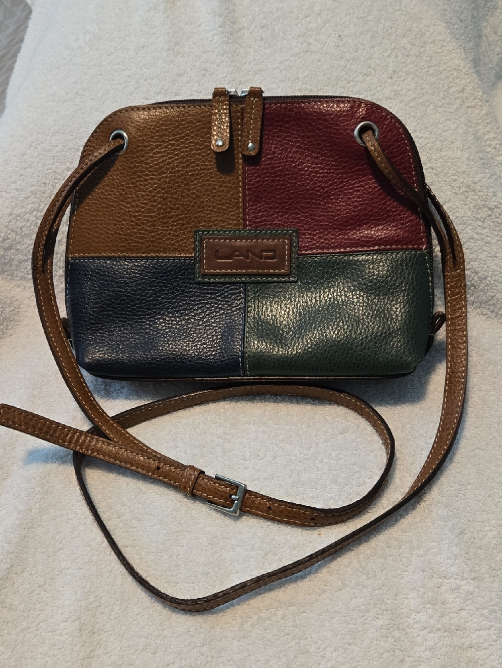 Patchwork Leather Crossbody Bag in Brown, Burgundy, Navy & Green
